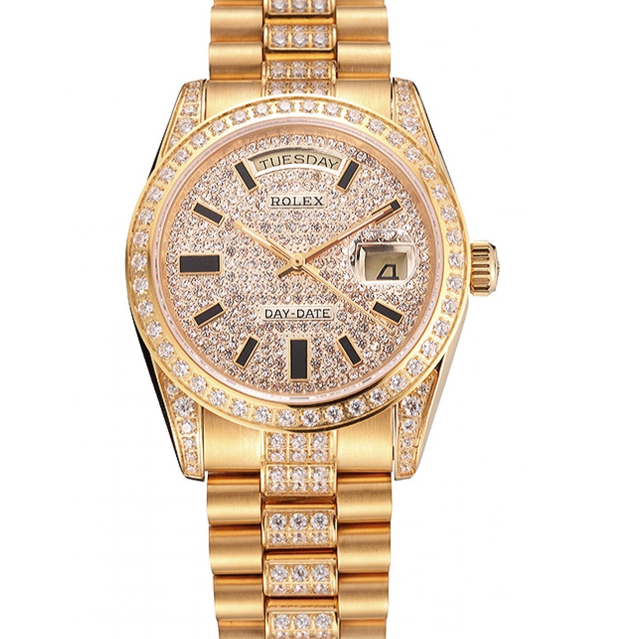 Aaa replica watch Swiss Yellow Gold Rolex Diamond Date Day Pave 0619
